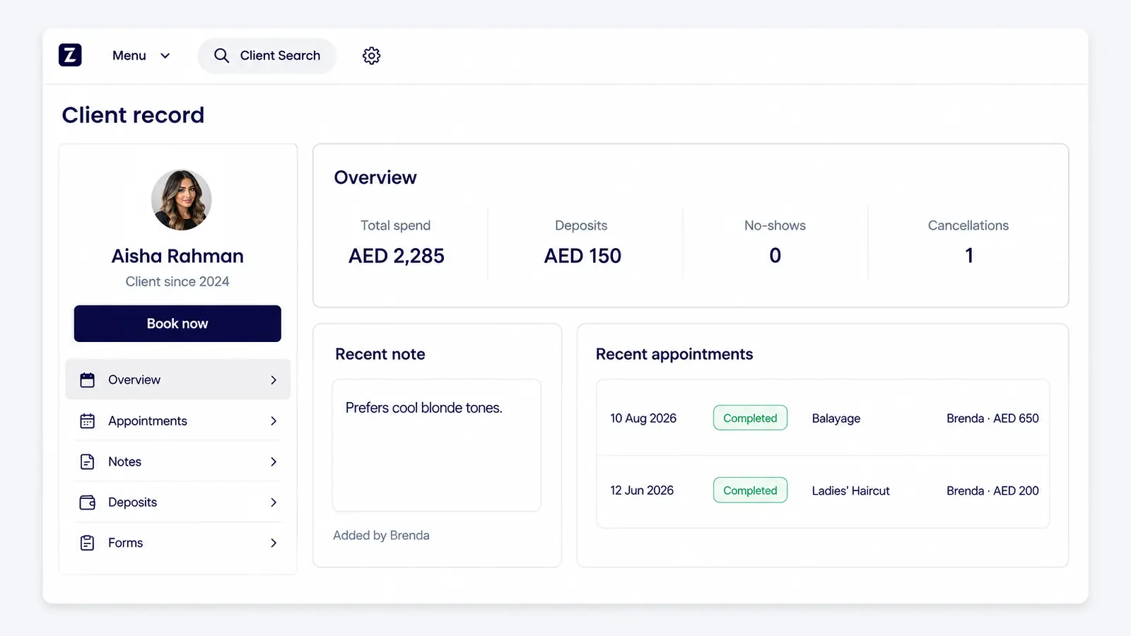salon client records page in Zolmi