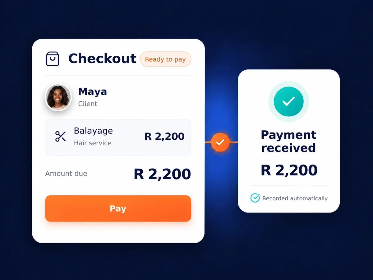Salon checkout for a balayage service showing ZAR 650 paid and payment received.