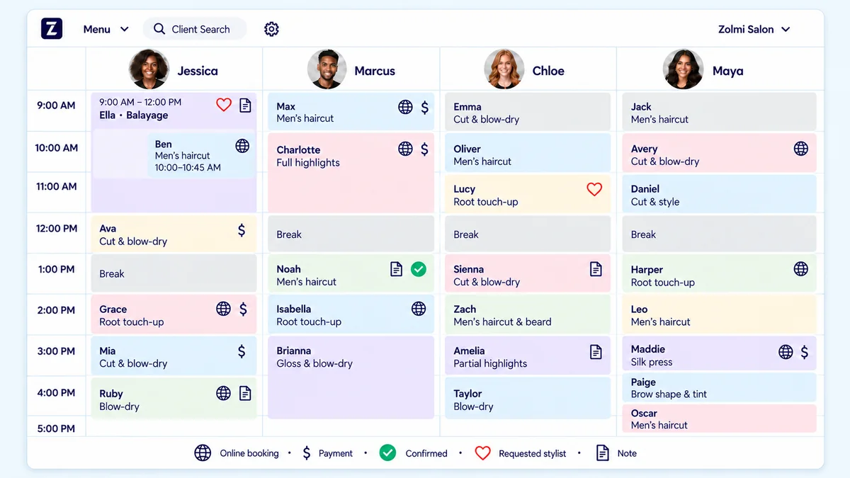Colour-coded salon calendar showing appointments across several staff members, service prices shown in  ZAR.