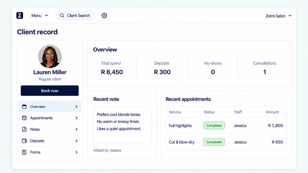 Salon client record showing appointment history, notes, and client overview, total spent in ZAR.
