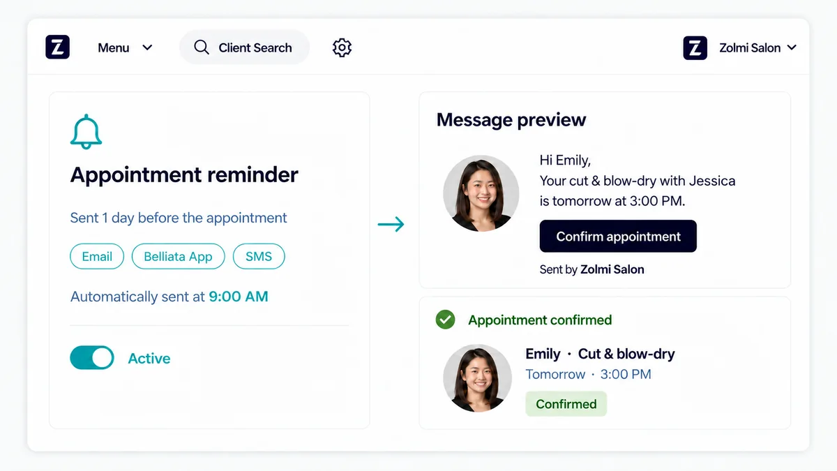 Salon appointment reminder settings and a preview of an appointment confirmation message.
